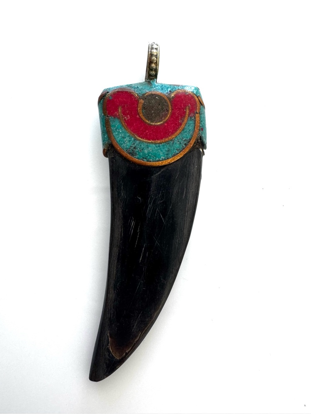 Artisan Southwestern Turquoise Red Stone Inlay Horn Claw Pendant Boho Vintage